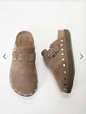 JustFab Taupe Faux Suede Studded Clogs | Women’s 8.5
